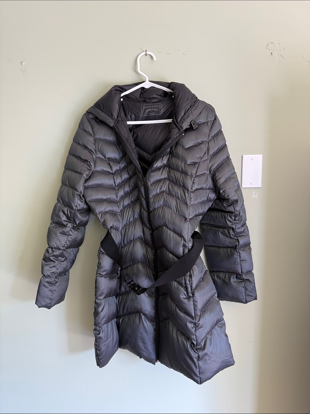 Bernardo goose down dark purple belted puffer jacket quilted mid length